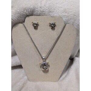 Signed MJ Vintage Two-Tone Silver Gold Bulldog Mascot Necklace & Stud Earrings